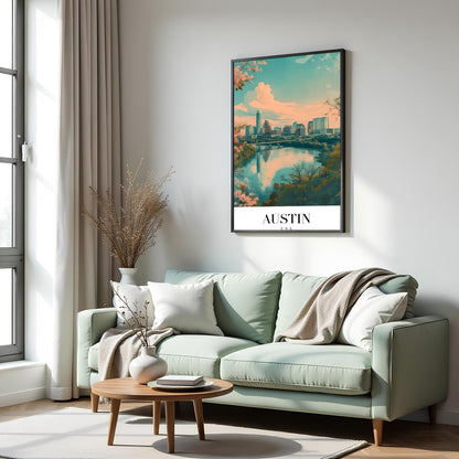 Capture the serene beauty of Austin's skyline with this mesmerizing artwork. The blend of pastel for Hall
