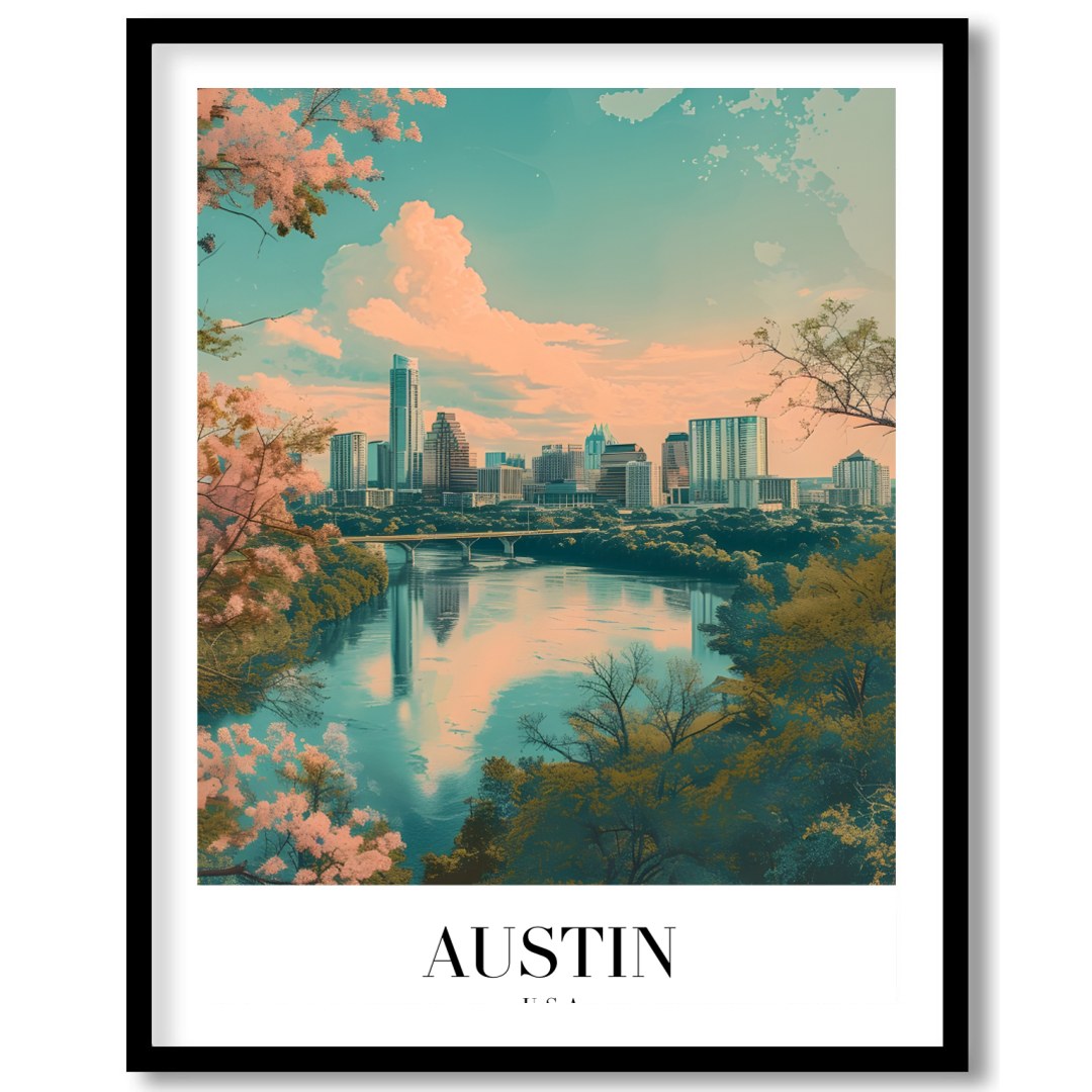 Capture the serene beauty of Austin's skyline with this mesmerizing artwork. The blend of pastel for interior