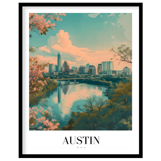 Capture the serene beauty of Austin's skyline with this mesmerizing artwork. The blend of pastel for interior