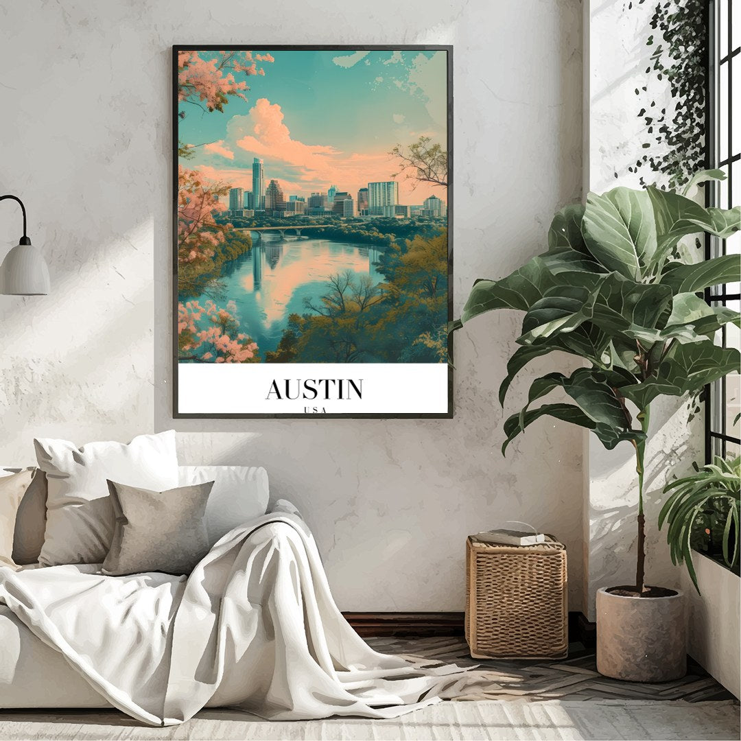 Capture the serene beauty of Austin's skyline with this mesmerizing artwork. The blend of pastel for Living Room