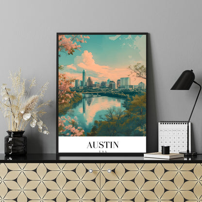 Capture the serene beauty of Austin's skyline with this mesmerizing artwork. The blend of pastel for Shelf