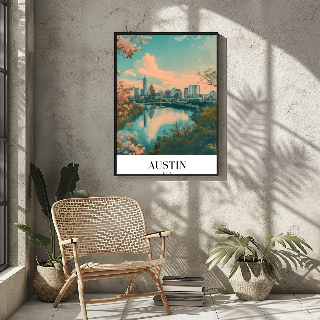 Capture the serene beauty of Austin's skyline with this mesmerizing artwork. The blend of pastel for Sitting Area