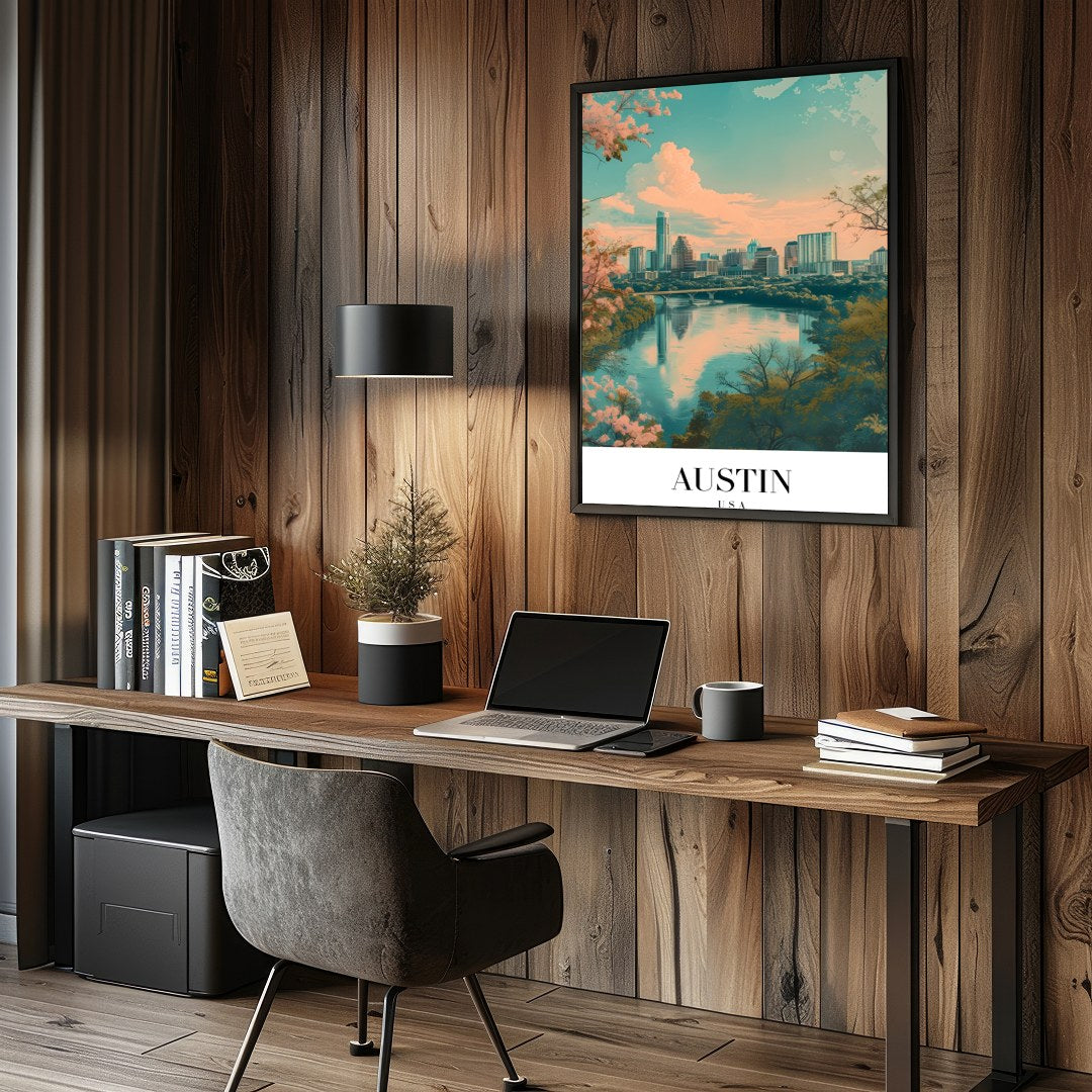 Capture the serene beauty of Austin's skyline with this mesmerizing artwork. The blend of pastel for Study and Office
