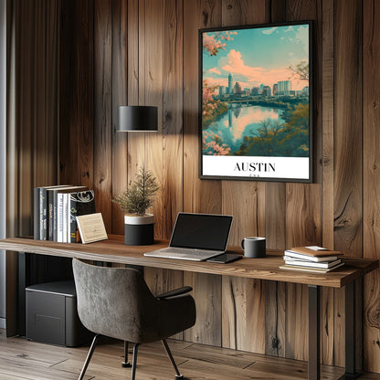 Capture the serene beauty of Austin's skyline with this mesmerizing artwork. The blend of pastel for Study and Office