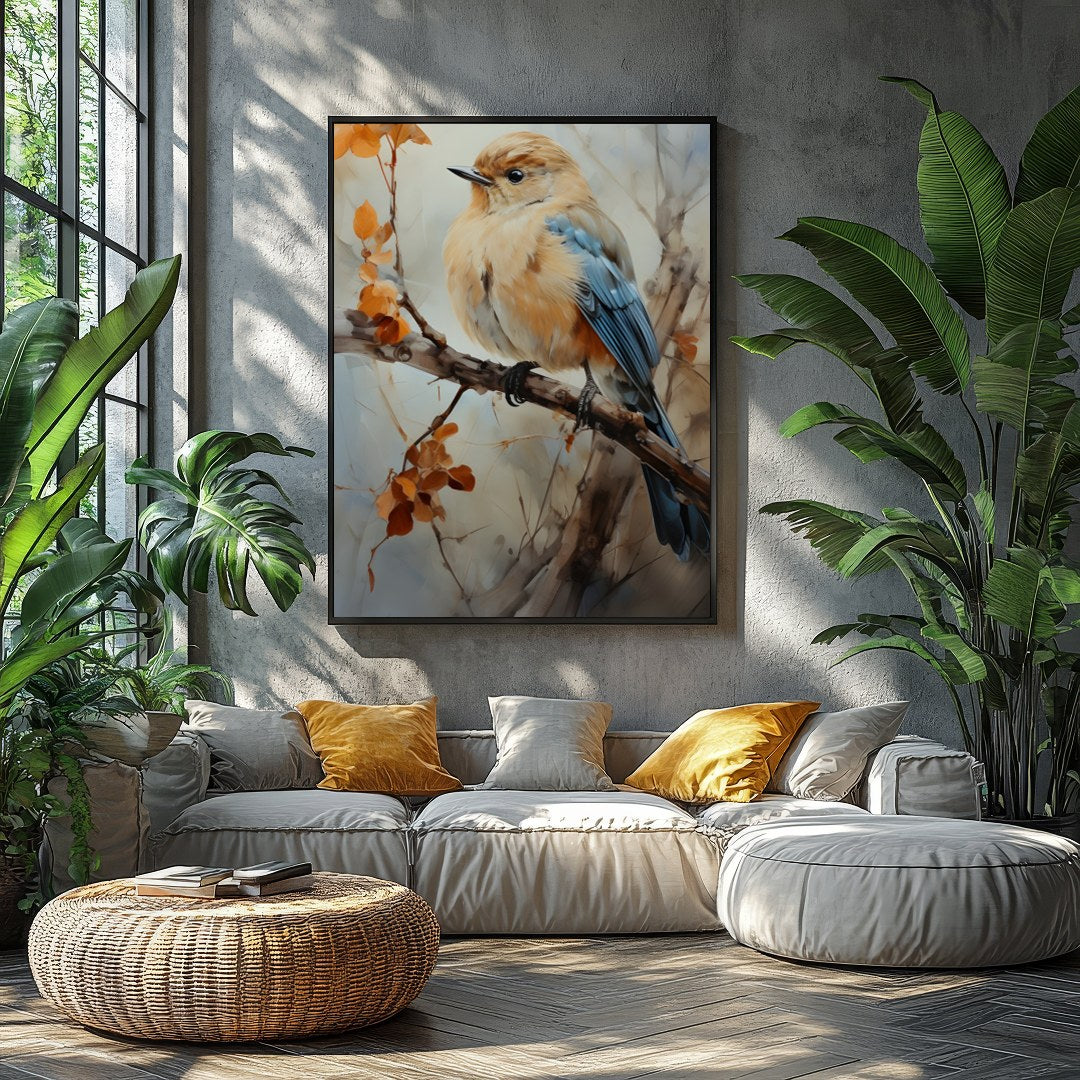 Capture the essence of nature with this exquisite artwork featuring a delicate bird perched amid for Balcony