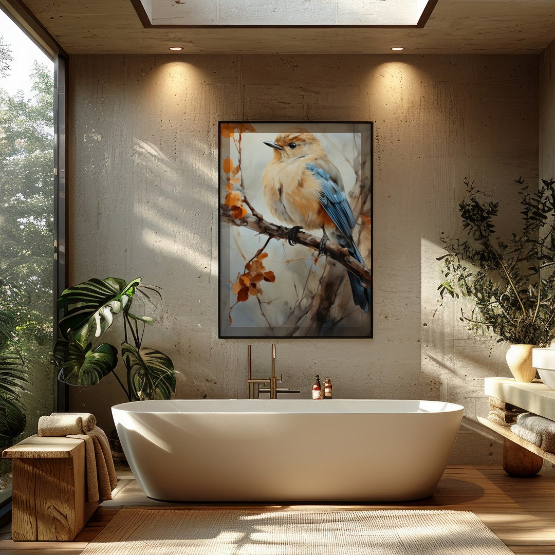 Capture the essence of nature with this exquisite artwork featuring a delicate bird perched amid for Bathroom