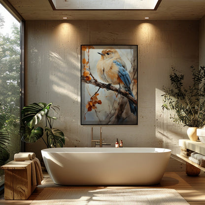 Capture the essence of nature with this exquisite artwork featuring a delicate bird perched amid for Bathroom