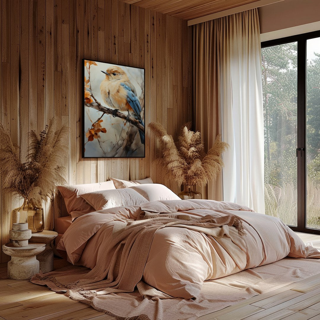Capture the essence of nature with this exquisite artwork featuring a delicate bird perched amid for Bedroom