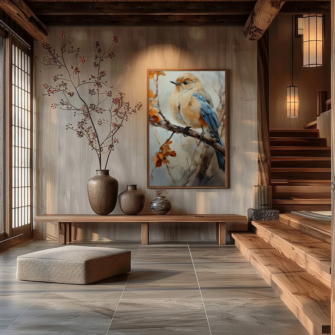 Capture the essence of nature with this exquisite artwork featuring a delicate bird perched amid for Hall