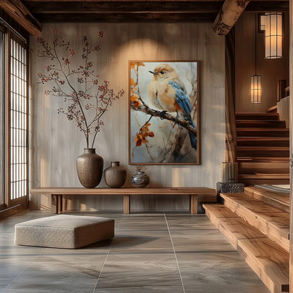 Capture the essence of nature with this exquisite artwork featuring a delicate bird perched amid for Hall