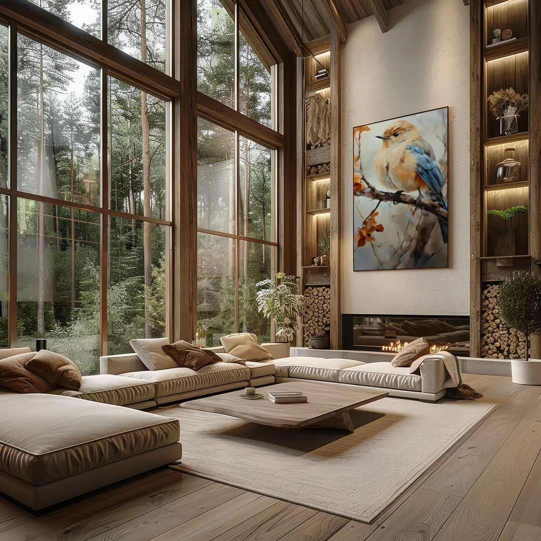 Capture the essence of nature with this exquisite artwork featuring a delicate bird perched amid for Living Room