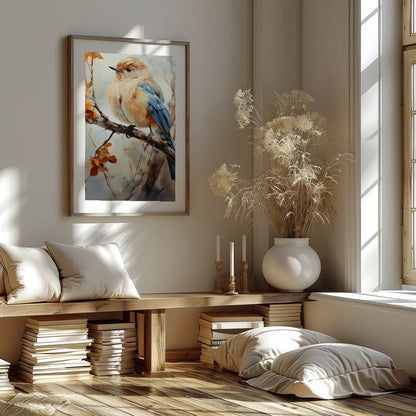 Capture the essence of nature with this exquisite artwork featuring a delicate bird perched amid for sanctuary