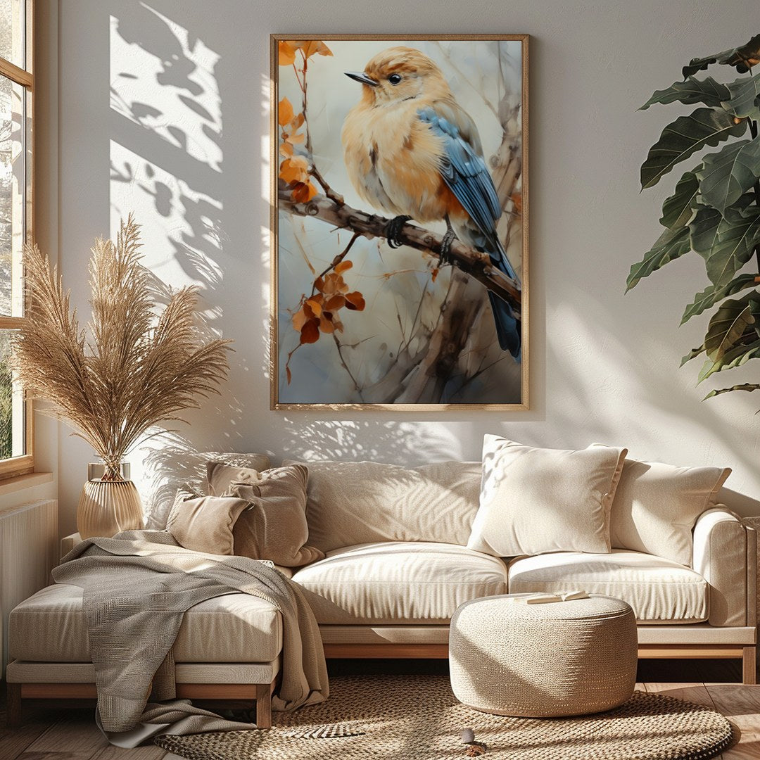 Capture the essence of nature with this exquisite artwork featuring a delicate bird perched amid for Sitting Area