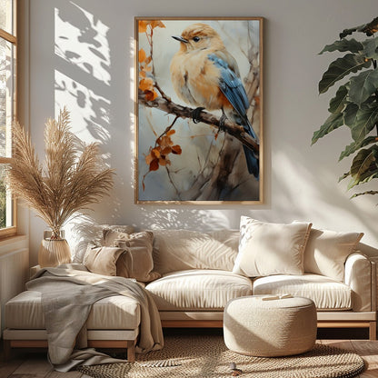 Capture the essence of nature with this exquisite artwork featuring a delicate bird perched amid for Sitting Area