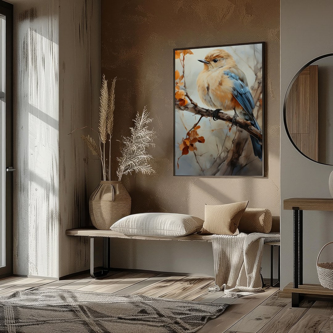 Capture the essence of nature with this exquisite artwork featuring a delicate bird perched amid for space