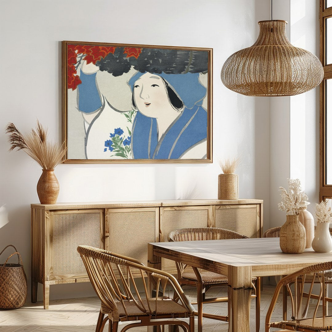 This enchanting artwork captures the gentle grace of a figure amidst an autumn backdrop. The for Dining