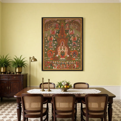 Immerse yourself in the tranquil beauty of this enchanting Thangka artwork. Centered around the for Dining