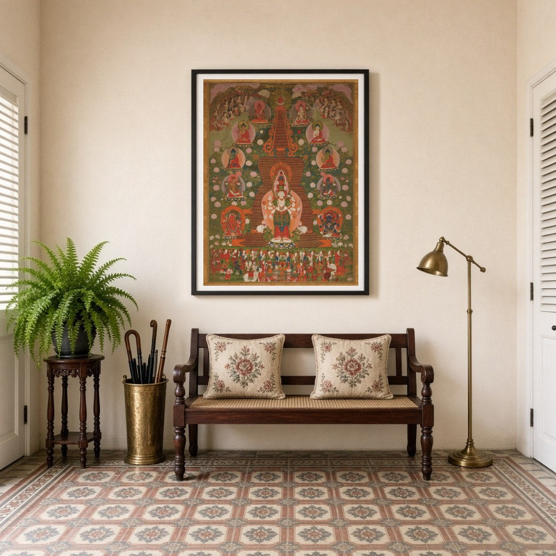 Immerse yourself in the tranquil beauty of this enchanting Thangka artwork. Centered around the for Entrance