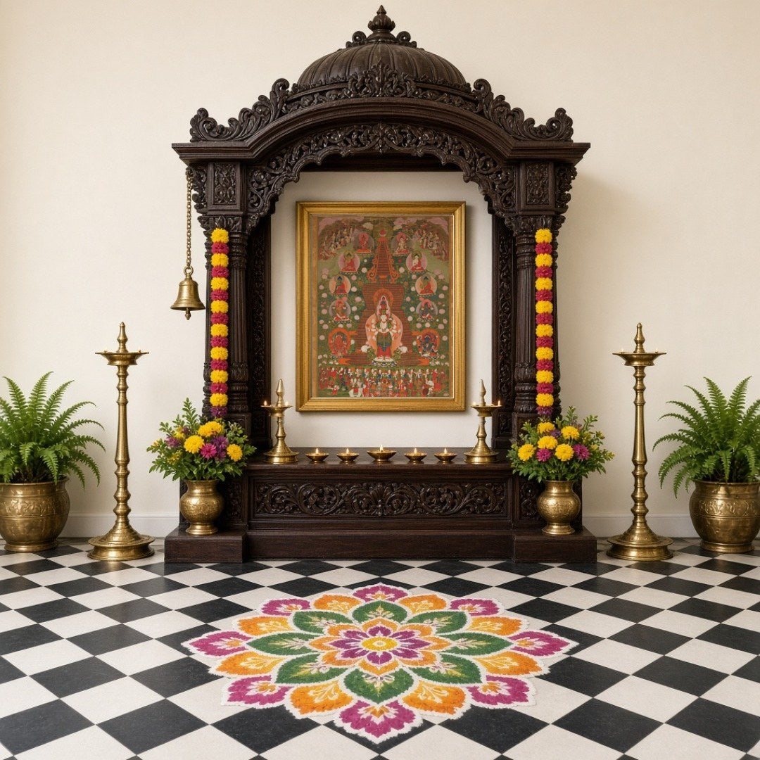 Immerse yourself in the tranquil beauty of this enchanting Thangka artwork. Centered around the for Home Temple