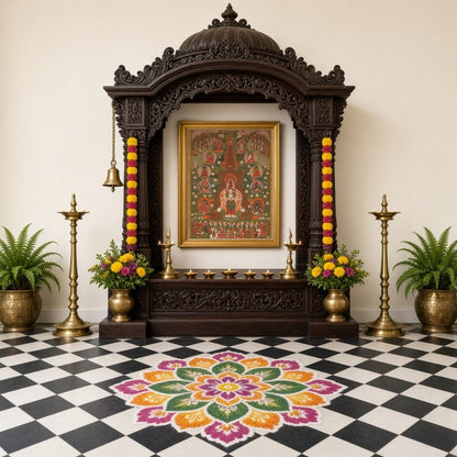 Immerse yourself in the tranquil beauty of this enchanting Thangka artwork. Centered around the for Home Temple