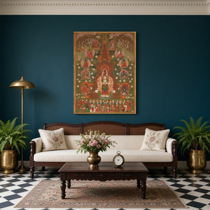 Immerse yourself in the tranquil beauty of this enchanting Thangka artwork. Centered around the for Living Room