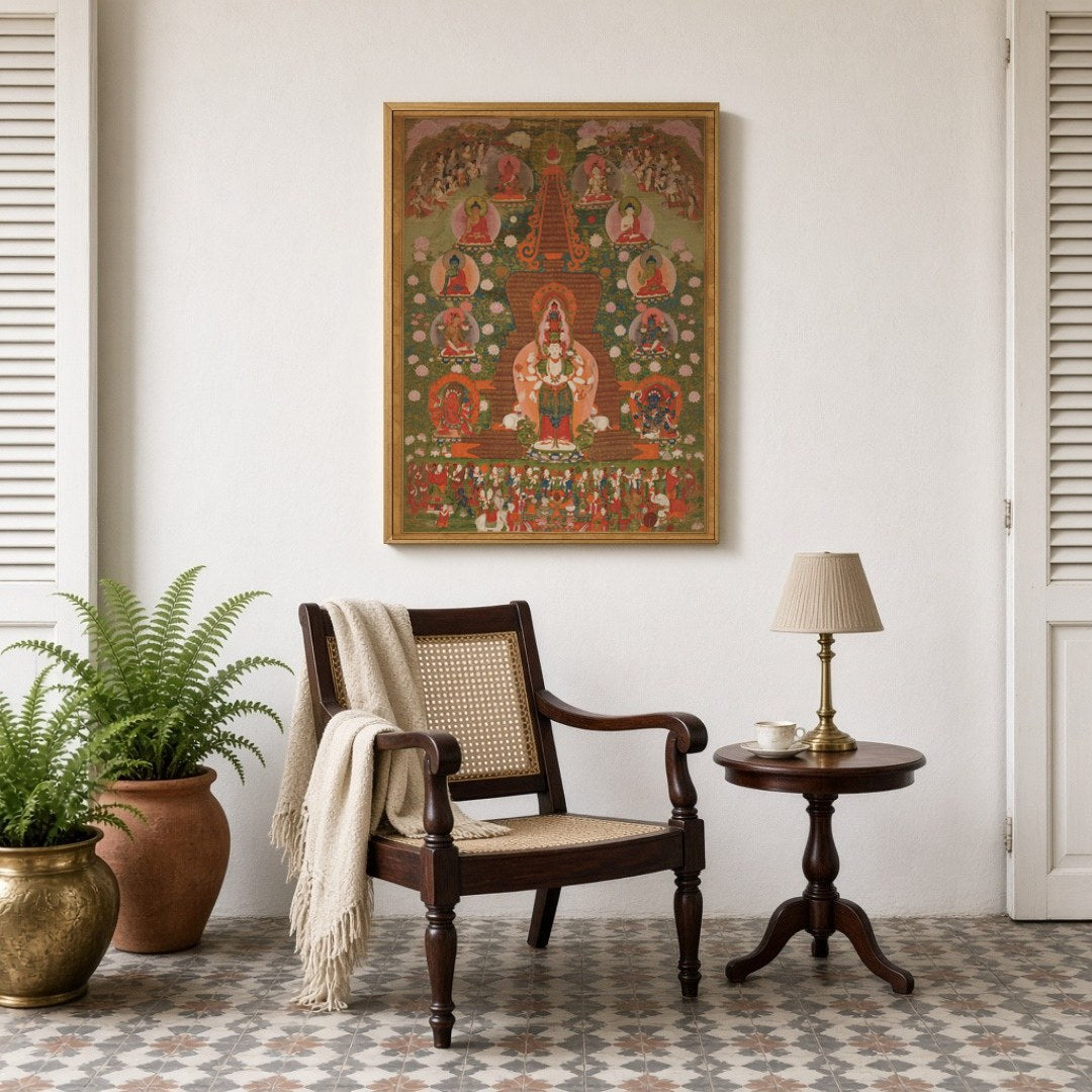 Immerse yourself in the tranquil beauty of this enchanting Thangka artwork. Centered around the for Sitting Lounge