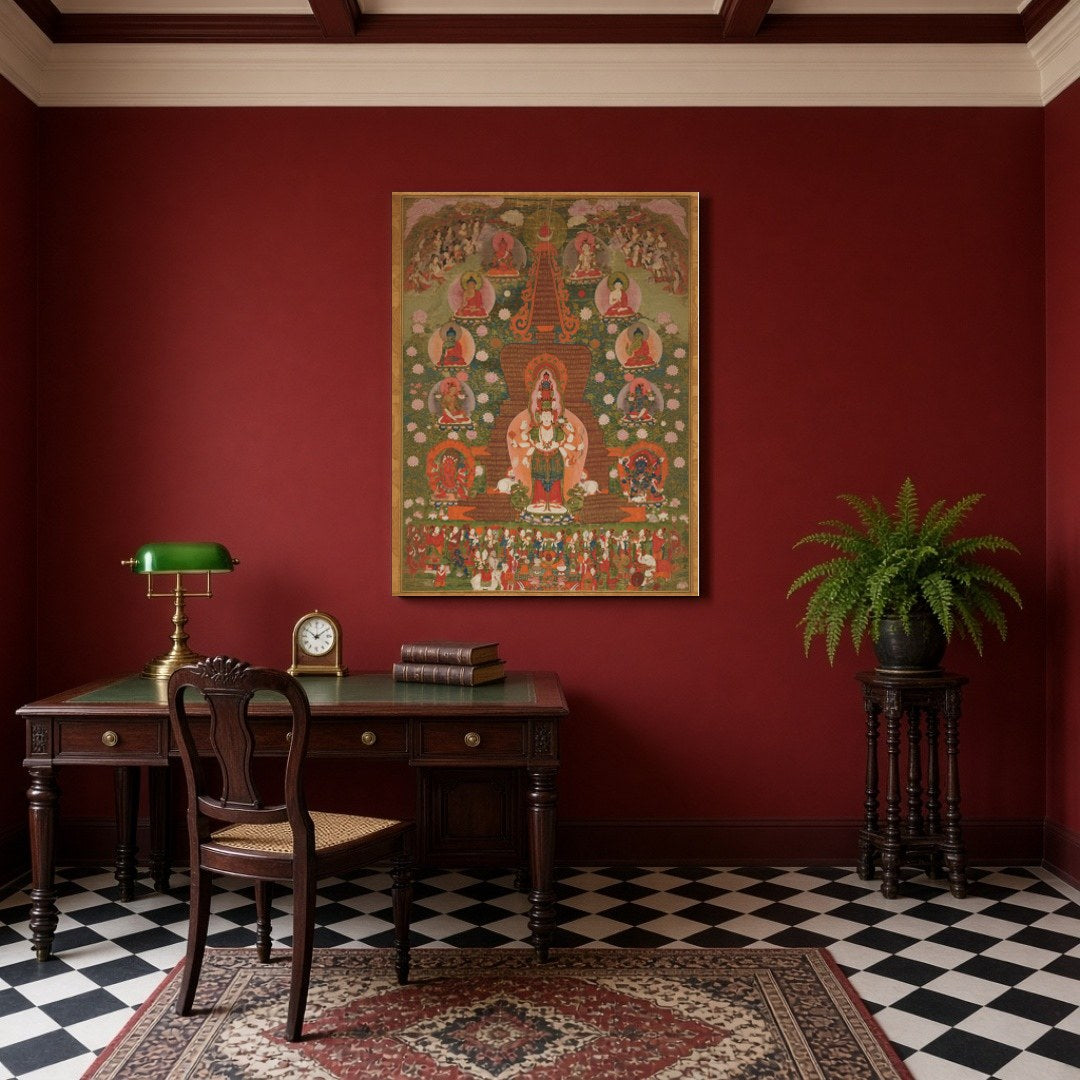 Immerse yourself in the tranquil beauty of this enchanting Thangka artwork. Centered around the for Study