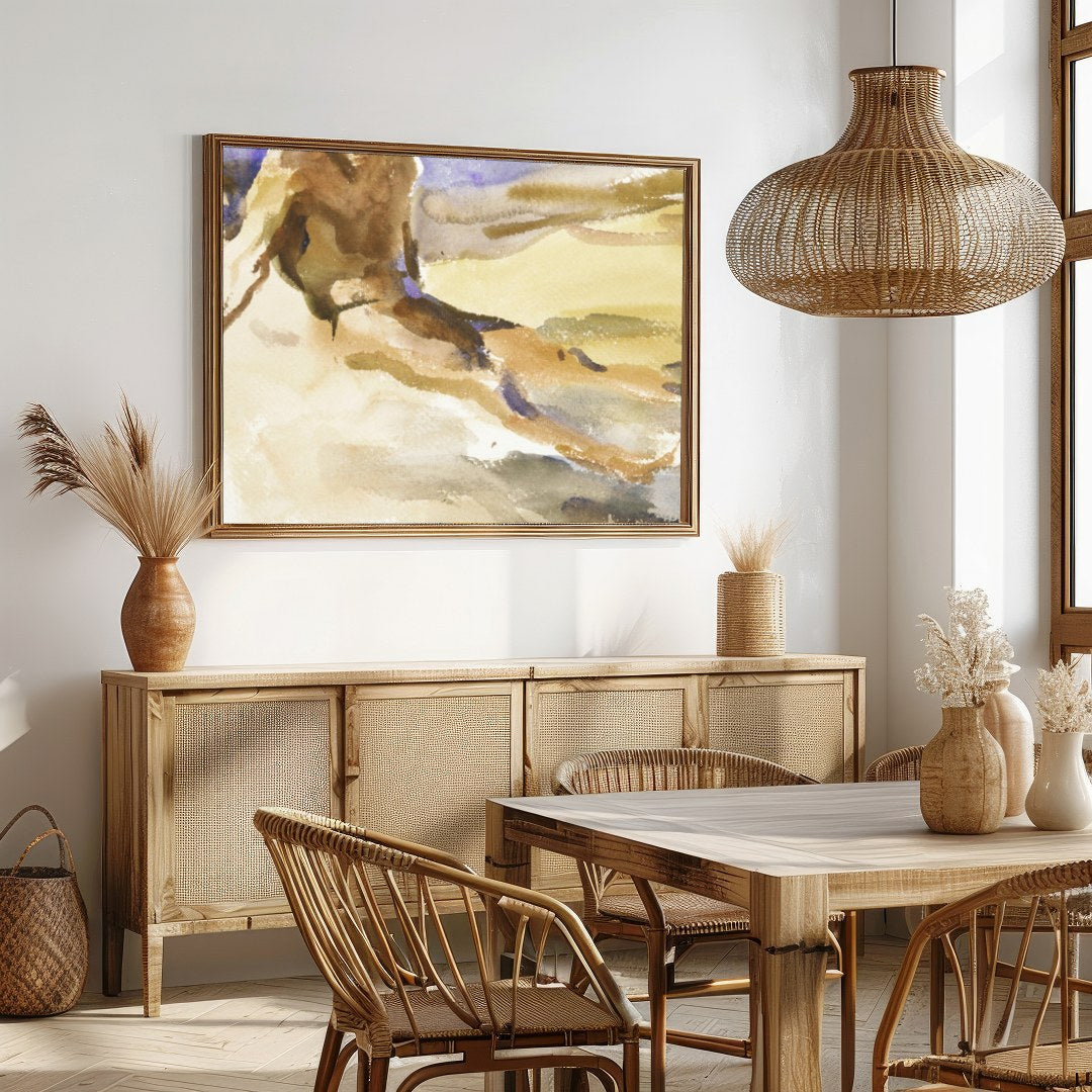 This evocative watercolor captures the tranquil essence of a solitary figure in quiet reflection by for Dining