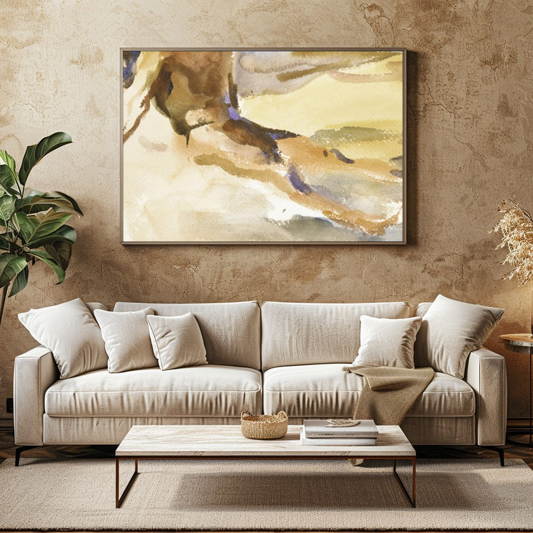 This evocative watercolor captures the tranquil essence of a solitary figure in quiet reflection by for Family Room