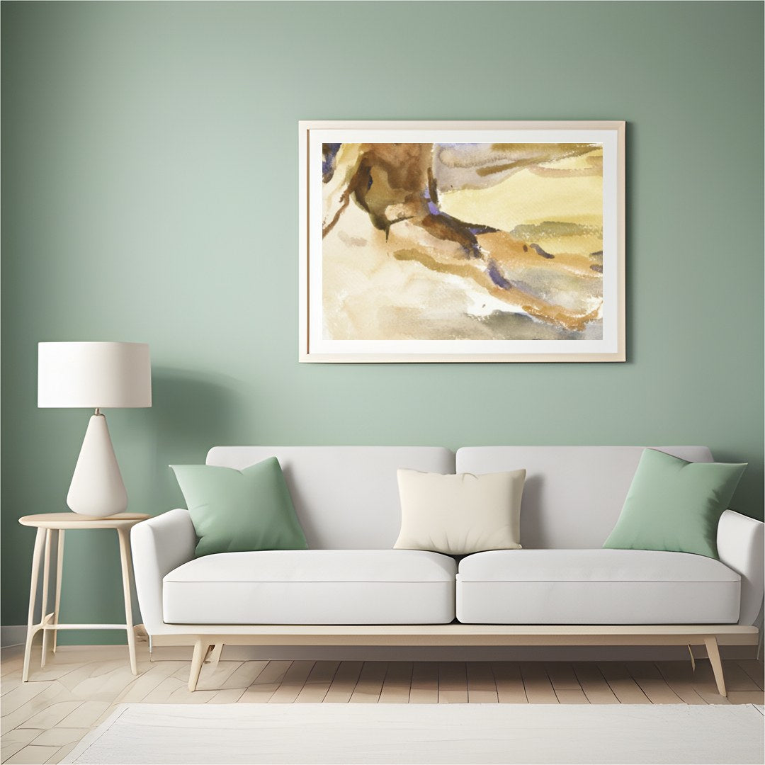 This evocative watercolor captures the tranquil essence of a solitary figure in quiet reflection by for Hall