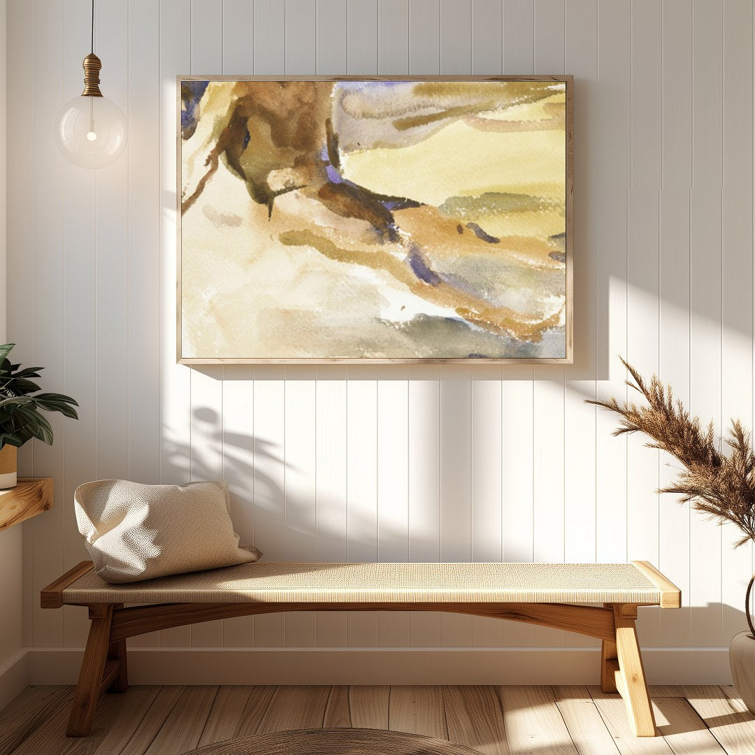 This evocative watercolor captures the tranquil essence of a solitary figure in quiet reflection by for Hallway