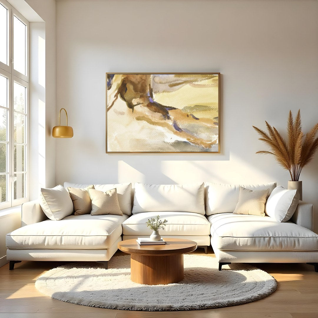 This evocative watercolor captures the tranquil essence of a solitary figure in quiet reflection by for Living Room