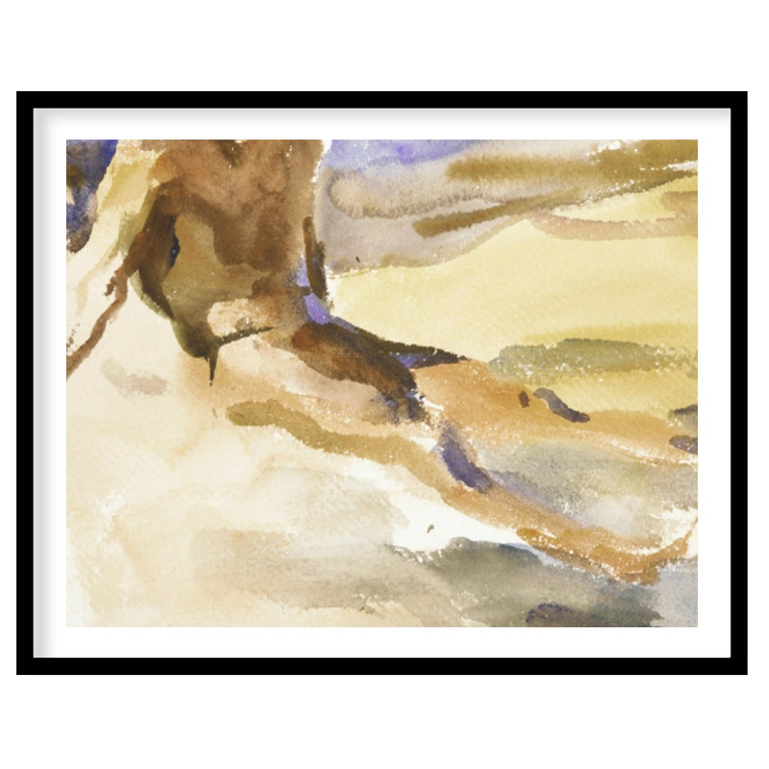This evocative watercolor captures the tranquil essence of a solitary figure in quiet reflection by for room