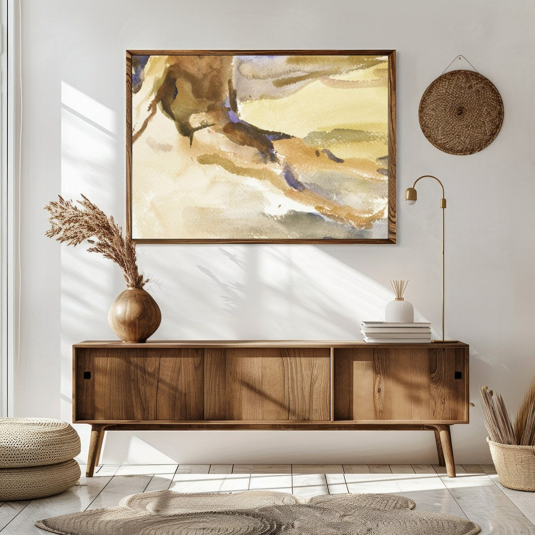 This evocative watercolor captures the tranquil essence of a solitary figure in quiet reflection by for Sitting Area