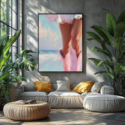 Capture the essence of a tranquil seaside moment with this stunning artwork of a sunlit stroll for Balcony