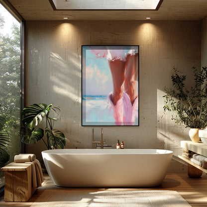 Capture the essence of a tranquil seaside moment with this stunning artwork of a sunlit stroll for Bathroom