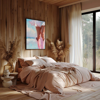 Capture the essence of a tranquil seaside moment with this stunning artwork of a sunlit stroll for Bedroom