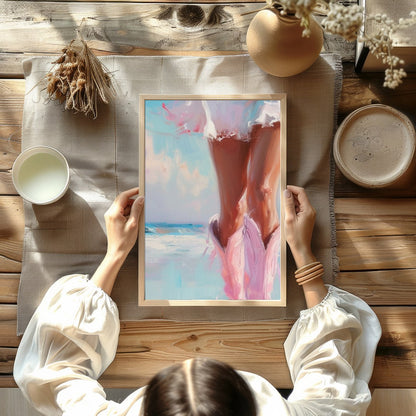 Capture the essence of a tranquil seaside moment with this stunning artwork of a sunlit stroll for decor
