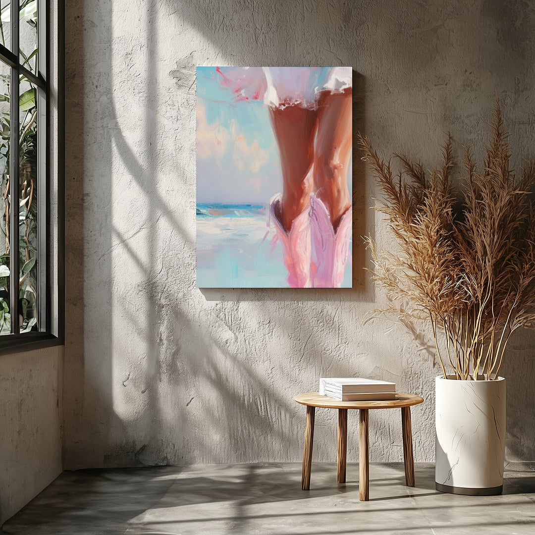 Capture the essence of a tranquil seaside moment with this stunning artwork of a sunlit stroll for Entrance