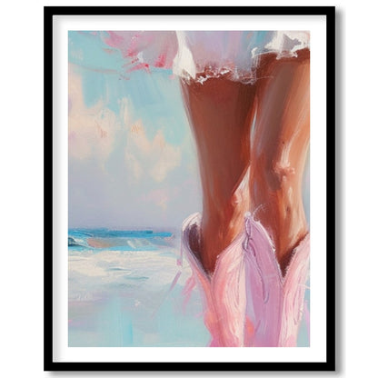 Capture the essence of a tranquil seaside moment with this stunning artwork of a sunlit stroll for interior