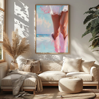 Capture the essence of a tranquil seaside moment with this stunning artwork of a sunlit stroll for Sitting Area