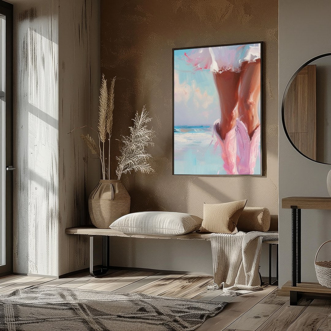 Capture the essence of a tranquil seaside moment with this stunning artwork of a sunlit stroll for studio