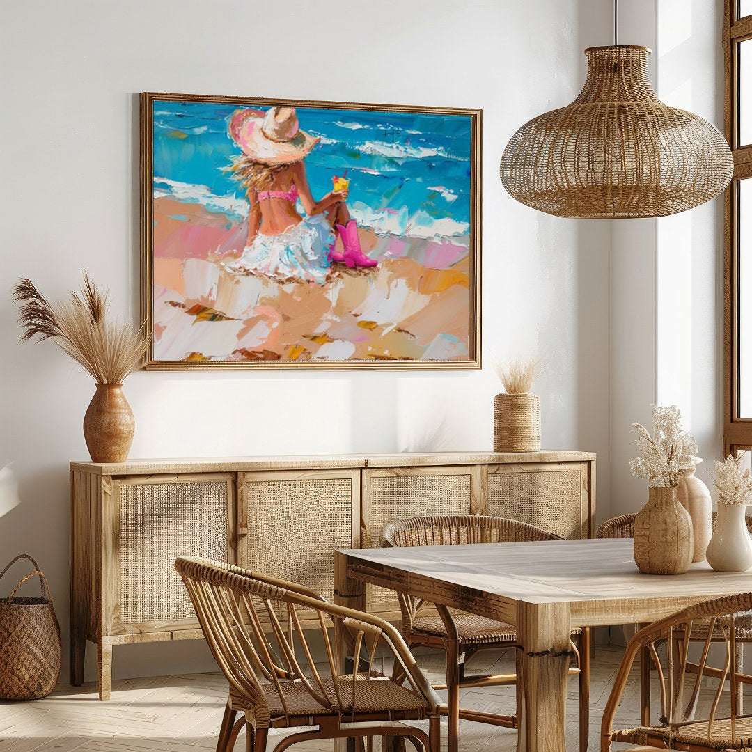 Capture the tranquil essence of a seaside escape with this vibrant artwork, featuring a lone figure for Dining