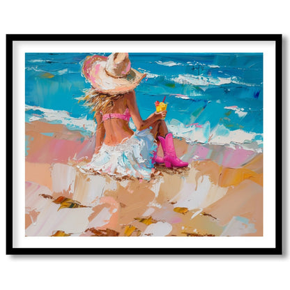 Capture the tranquil essence of a seaside escape with this vibrant artwork, featuring a lone figure for dwelling
