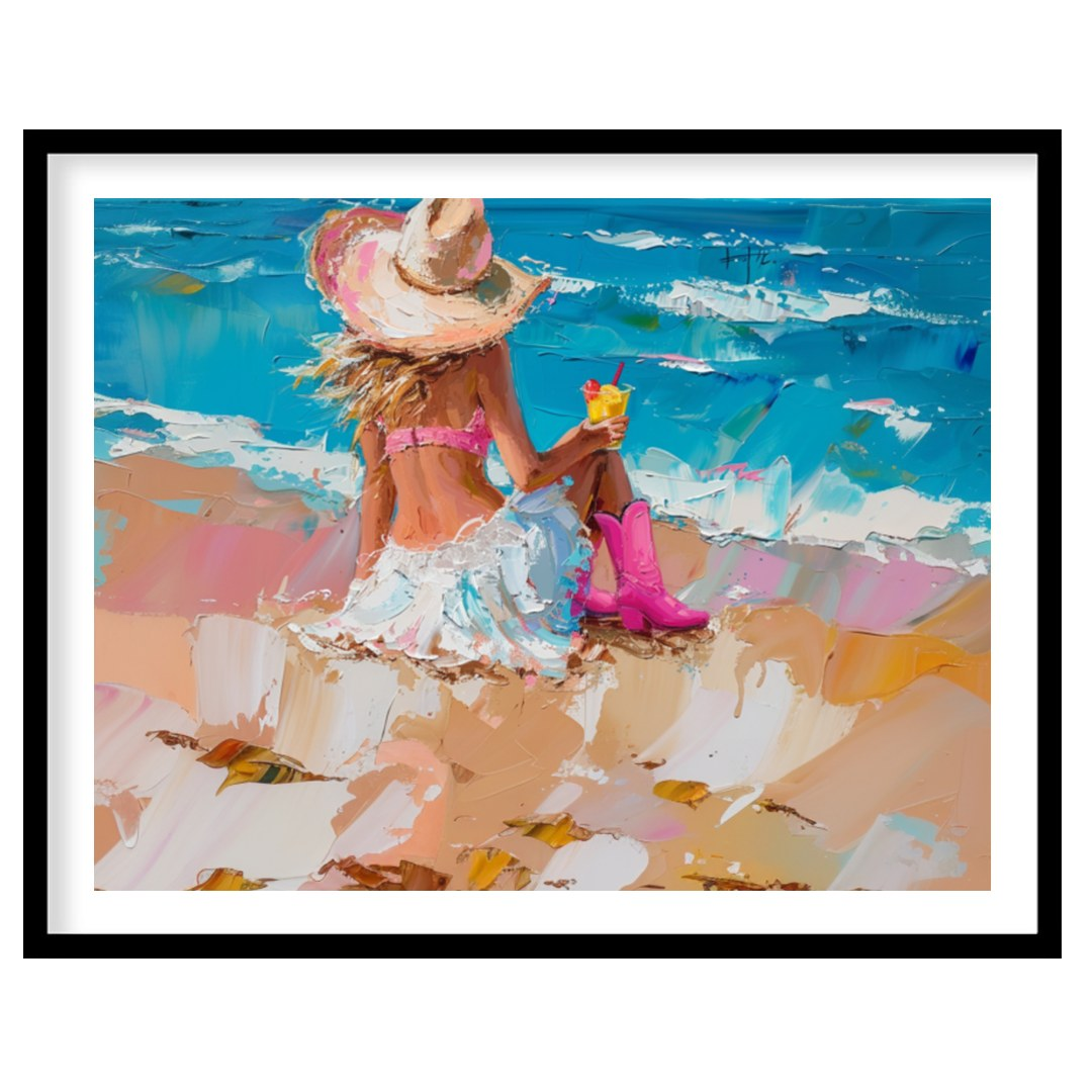 Capture the tranquil essence of a seaside escape with this vibrant artwork, featuring a lone figure for dwelling