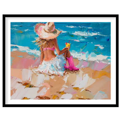 Capture the tranquil essence of a seaside escape with this vibrant artwork, featuring a lone figure for dwelling
