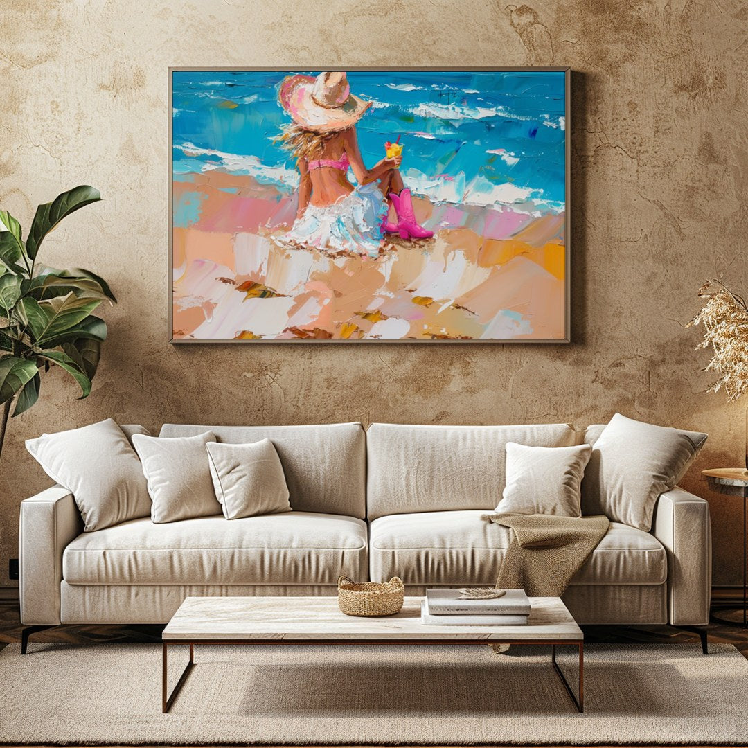 Capture the tranquil essence of a seaside escape with this vibrant artwork, featuring a lone figure for Family Room