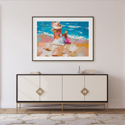 Capture the tranquil essence of a seaside escape with this vibrant artwork, featuring a lone figure for Foyer