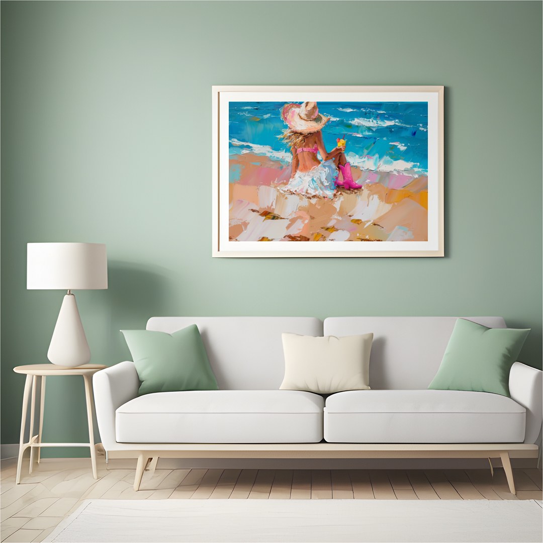 Capture the tranquil essence of a seaside escape with this vibrant artwork, featuring a lone figure for Hall