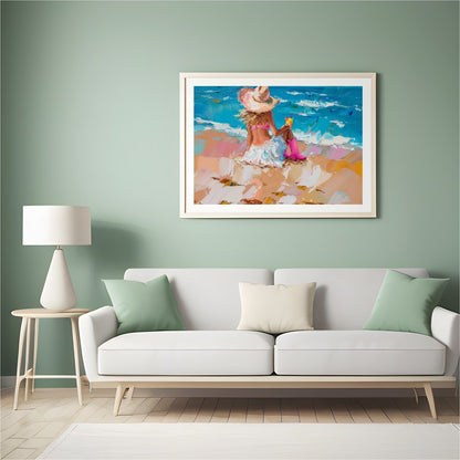 Capture the tranquil essence of a seaside escape with this vibrant artwork, featuring a lone figure for Hall